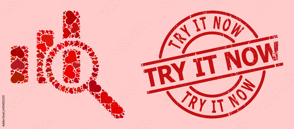 Textured Try It Now seal, and red love heart mosaic for expore bar chart. Red round seal has Try It Now caption inside circle. Expore bar chart mosaic is formed of red valentine symbols. Textured Try It Now seal, and red love heart mosaic for expore bar chart. Red round seal has Try It Now caption inside circle. Expore bar chart mosaic is formed of red valentine symbols.