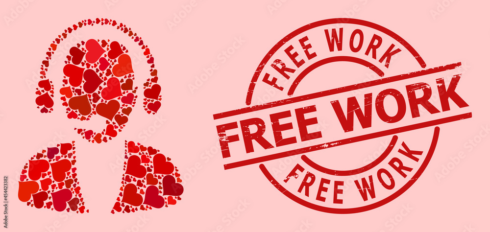 Rubber Free Work stamp, and red love heart collage for online operator. Red round stamp seal contains Free Work caption inside circle. Online operator collage is created of red romantic symbols. Rubber Free Work stamp, and red love heart collage for online operator. Red round stamp seal contains Free Work caption inside circle. Online operator collage is created of red romantic symbols.