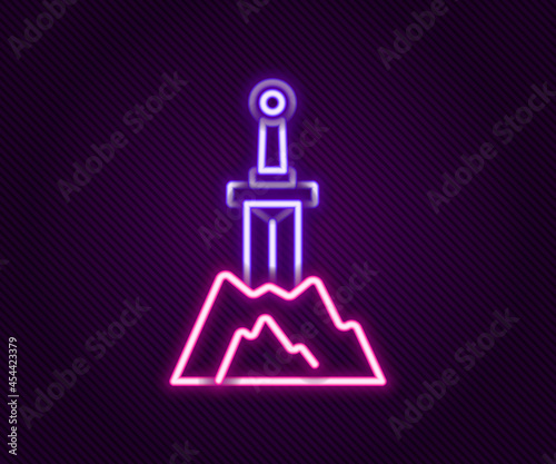 Glowing neon line Sword in the stone icon isolated on black background. Excalibur the sword in the stone from the Arthurian legends. Colorful outline concept. Vector