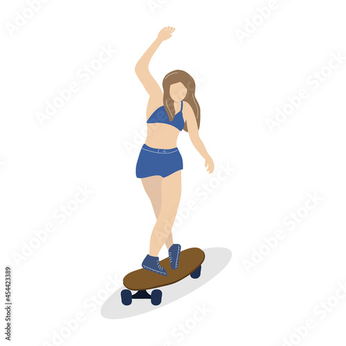 Young woman dancing on longboard. Girl riding on longboard in the city street.