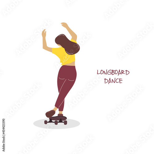 Young woman dancing on longboard. Girl riding on longboard in the city street.