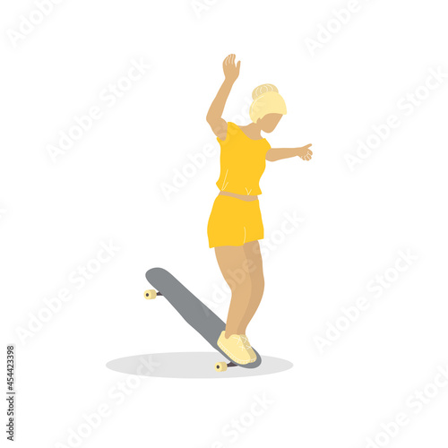 Young woman dancing on longboard. Girl riding on longboard in the city street.