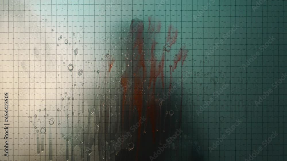 forensic team cleaning blood on window after brutal murder with camera flash