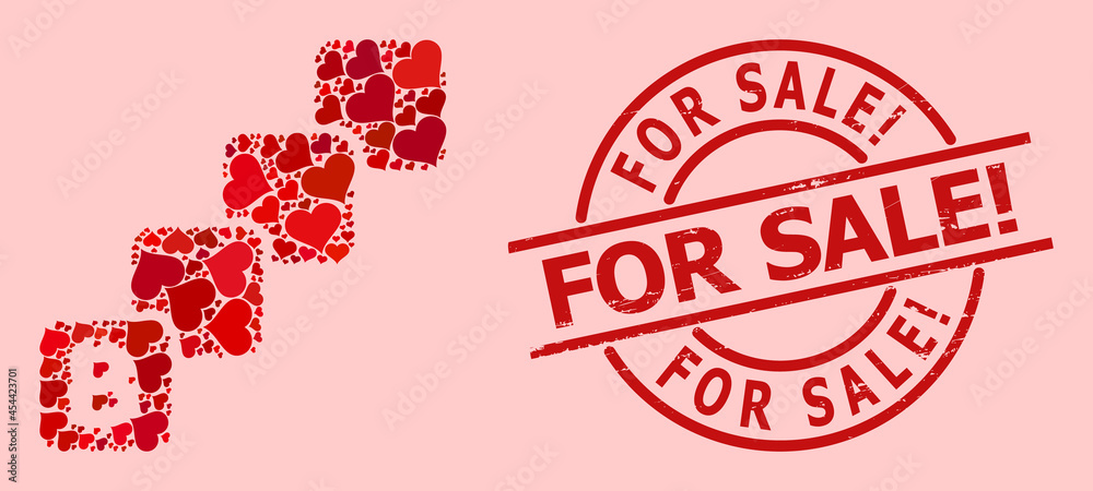 Scratched For Sale! seal, and red love heart collage for bitcoin blockchain. Red round stamp seal includes For Sale! text inside circle. Scratched For Sale! seal, and red love heart collage for bitcoin blockchain. Red round stamp seal includes For Sale! text inside circle.
