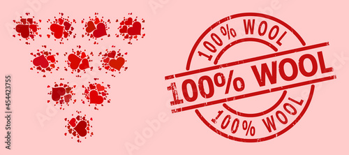 Distress 100% Wool stamp seal, and red love heart mosaic for virus grapes. Red round stamp includes 100% Wool caption inside circle. Virus grapes mosaic is done of red romance icons.