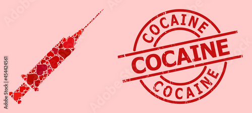 Distress Cocaine badge, and red love heart collage for syringe. Red round badge has Cocaine tag inside circle. Syringe collage is created of red valentine icons.