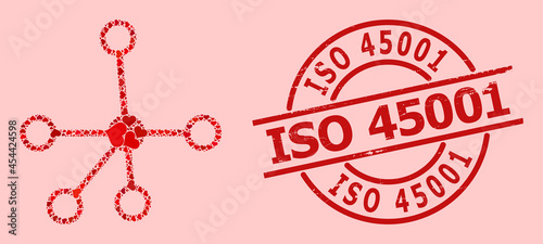 Textured ISO 45001 stamp seal, and red love heart collage for connections. Red round stamp seal has ISO 45001 title inside circle. Connections mosaic is made with red dating symbols.