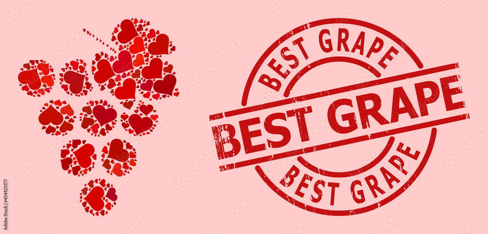 Rubber Best Grape stamp seal, and red love heart pattern for grape bunch. Red round stamp seal has Best Grape caption inside circle. Grape bunch collage is organized with red romance icons. Rubber Best Grape stamp seal, and red love heart pattern for grape bunch. Red round stamp seal has Best Grape caption inside circle. Grape bunch collage is organized with red romance icons.
