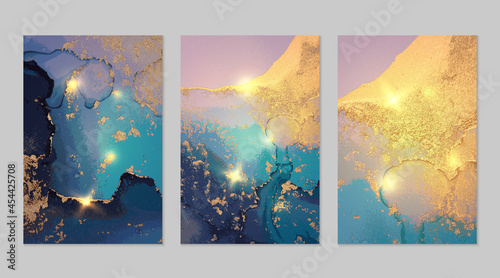 Set of luxury abstract fluid art alcohol ink patterns with marble texture. Modern ocean blue and gold sand backgrounds with paint splash and golden glitter for poster, flyer, brochure design.