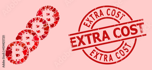 Grunge Extra Cost stamp seal, and red love heart mosaic for bitcoin coin blockchain. Red round stamp seal contains Extra Cost title inside circle.