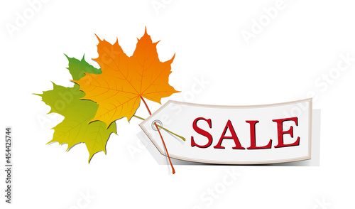 Laub Blätter mit SALE Schild, 
Vektor Illustration isoliert auf weißem Hintergrund
