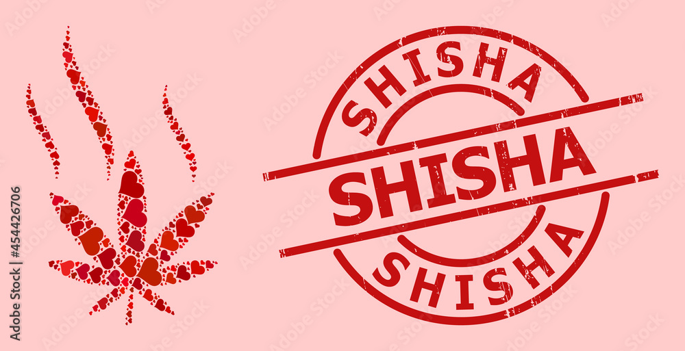 Rubber Shisha stamp, and red love heart mosaic for cannabis smoke. Red round stamp seal includes Shisha title inside circle. Cannabis smoke mosaic is organized with red romantic icons. Rubber Shisha stamp, and red love heart mosaic for cannabis smoke. Red round stamp seal includes Shisha title inside circle. Cannabis smoke mosaic is organized with red romantic icons.