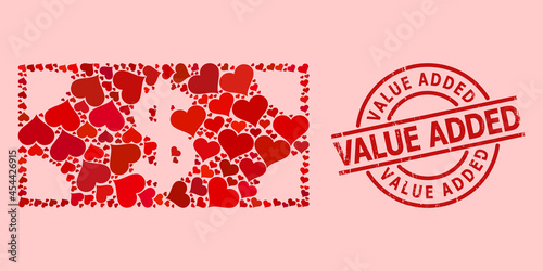 Textured Value Added stamp seal, and red love heart mosaic for dollar banknote. Red round stamp seal includes Value Added tag inside circle. Dollar banknote mosaic is done of red wedding elements.