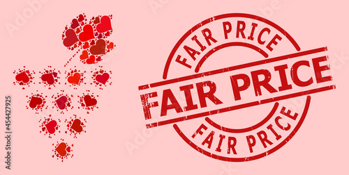 Rubber Fair Price badge, and red love heart mosaic for virus grapes bunch. Red round badge contains Fair Price tag inside circle. Virus grapes bunch mosaic is created from red dating items.