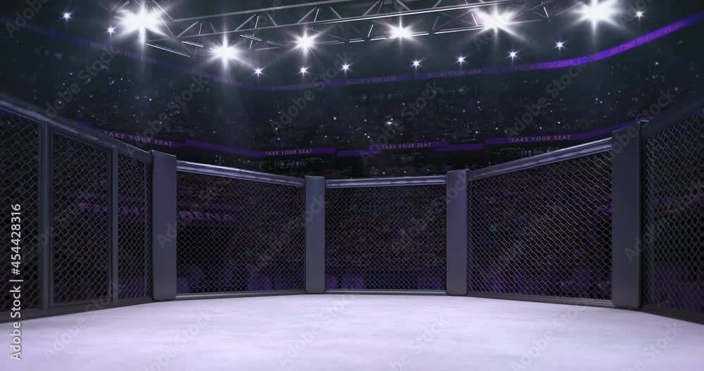 Empty fighting cage behind the chain link fence. Animation of sport arena with fans and spotlights light up. Sport 4k video background.	