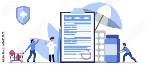 Health insurance claim form concept Big clipboard with document on it under the umbrella Healthcare Finance and medicine service Family insurance vector illustration in cartoon style Medical form