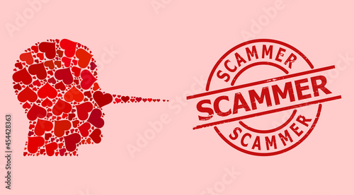 Grunge Scammer badge, and red love heart collage for liar person. Red round badge contains Scammer title inside circle. Liar person collage is organized of red valentine elements.