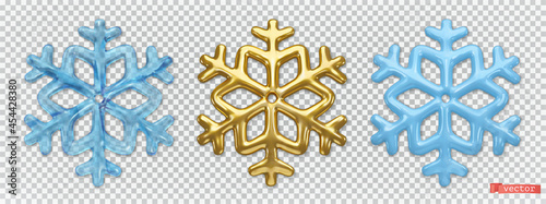 Ice and gold snowflakes. 3d vector realistic icon set. Christmas decorations