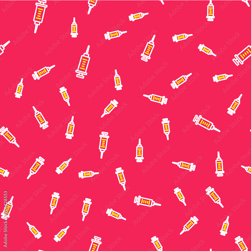 Line Syringe icon isolated seamless pattern on red background. Syringe for vaccine, vaccination, injection, flu shot. Medical equipment. Vector