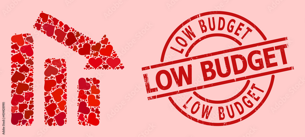 Scratched Low Budget stamp seal, and red love heart collage for down trend bar chart. Red round stamp seal includes Low Budget caption inside circle. Scratched Low Budget stamp seal, and red love heart collage for down trend bar chart. Red round stamp seal includes Low Budget caption inside circle.