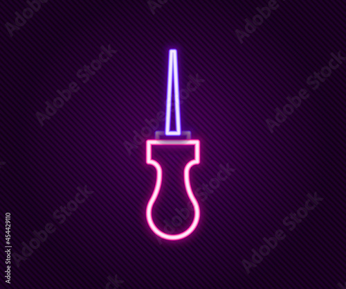 Glowing neon line Awl tool with wooden handle icon isolated on black background. Work equipment tailor industry. Colorful outline concept. Vector