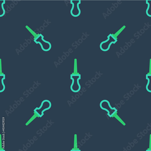 Line Awl tool with wooden handle icon isolated seamless pattern on blue background. Work equipment tailor industry. Vector