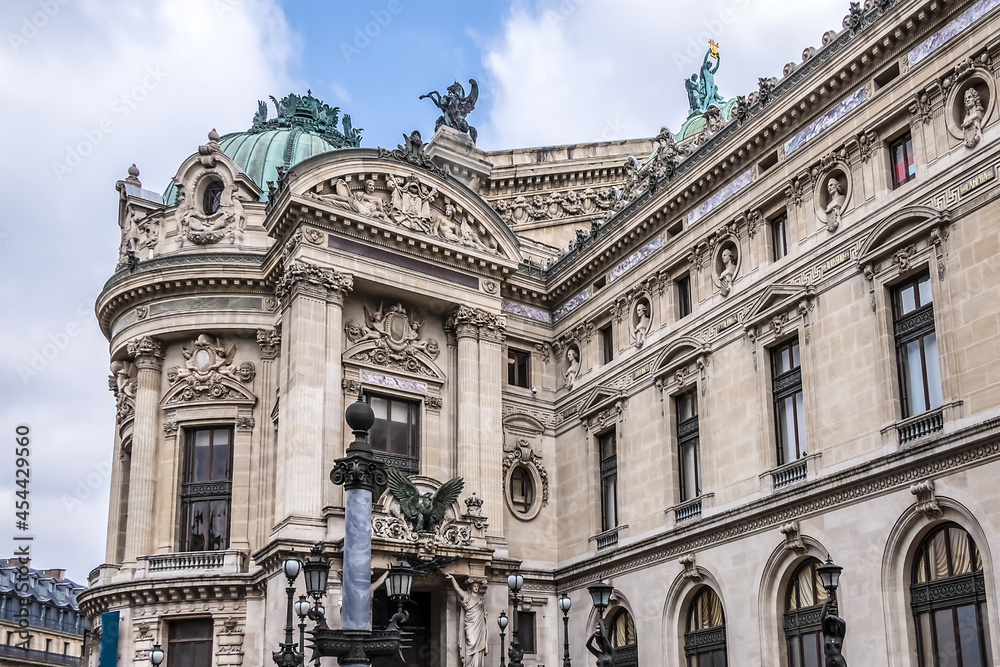 Fragment of Neo-baroque building of Grand Opera in Paris (Garnier Palace). Paris, France.