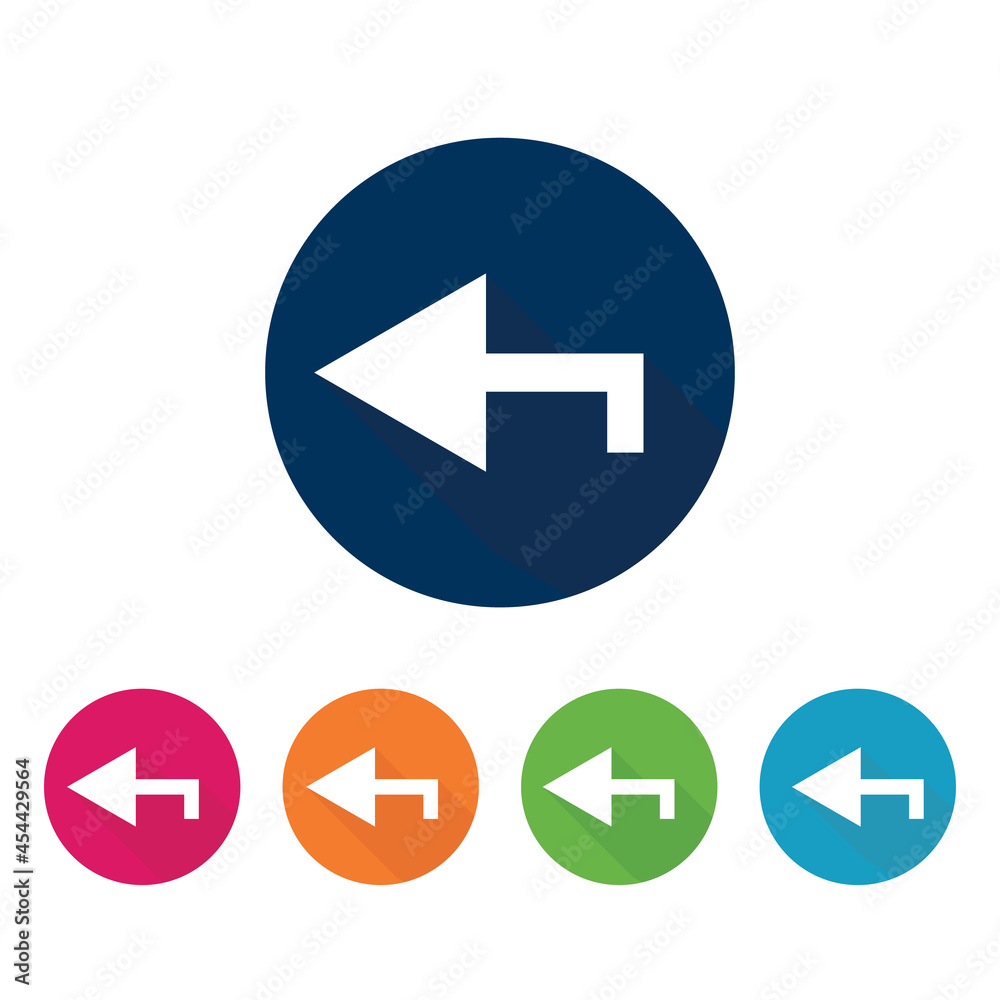 5 colored circles with left arrow icon. 5 colored circles with left arrow icon.