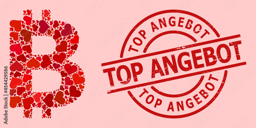 Textured Top Angebot seal, and red love heart collage for bitcoin symbol. Red round seal contains Top Angebot caption inside circle. Bitcoin symbol collage is designed of red romantic items.