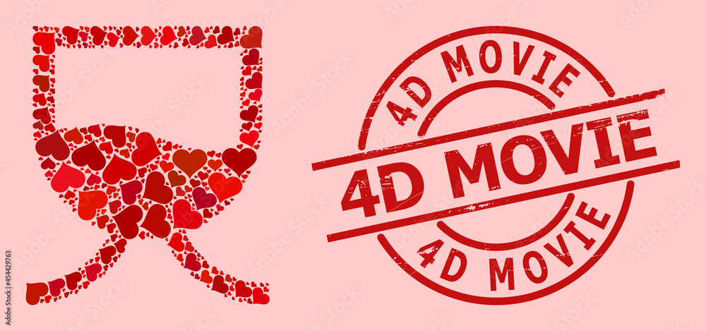 Textured 4D Movie stamp seal, and red love heart collage for liquid tank. Red round stamp seal contains 4D Movie title inside circle. Liquid tank collage is done with red valentine icons. Textured 4D Movie stamp seal, and red love heart collage for liquid tank. Red round stamp seal contains 4D Movie title inside circle. Liquid tank collage is done with red valentine icons.