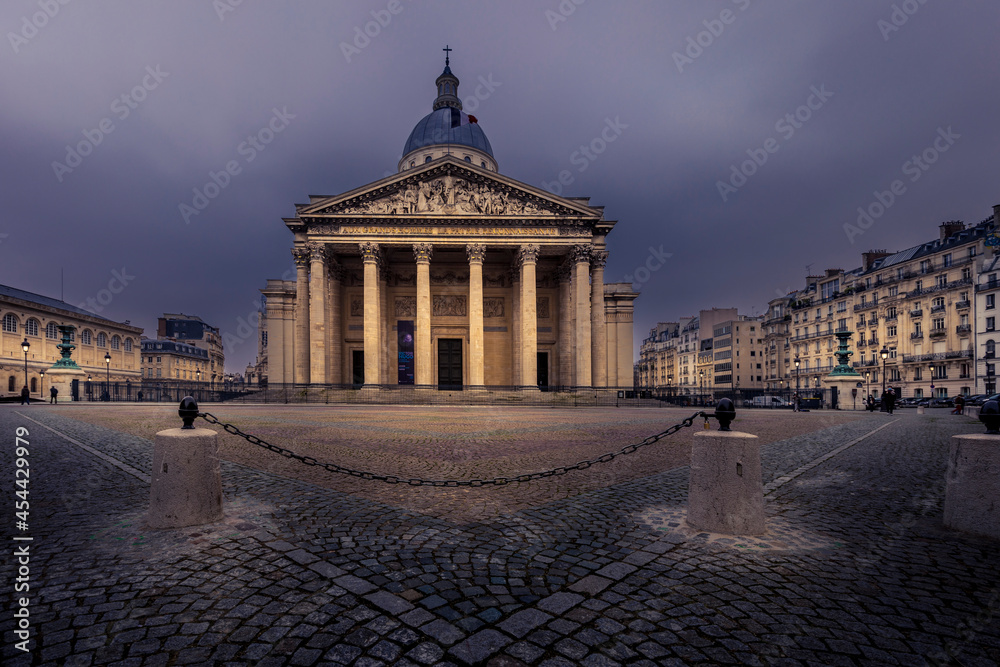 Paris, France - February 8, 2021: Pantheon monument in 5th arrondissement in Paris during lockdown due to Covid-19