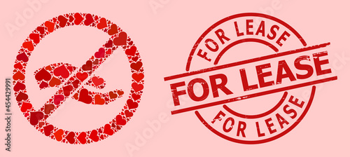 Scratched For Lease seal, and red love heart mosaic for forbid asking hand. Red round stamp seal contains For Lease caption inside circle.