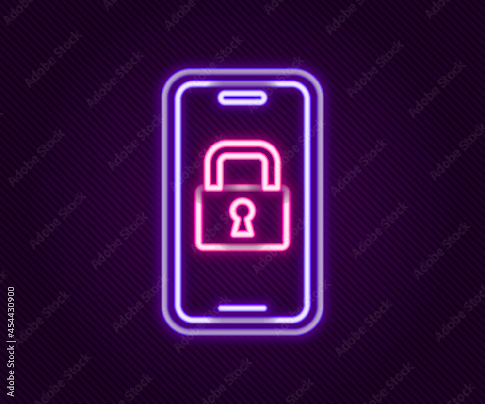 Glowing neon line Digital door lock with wireless technology for lock icon isolated on black background. Door handle sign. Security smart home. Colorful outline concept. Vector Glowing neon line Digital door lock with wireless technology for lock icon isolated on black background. Door handle sign. Security smart home. Colorful outline concept. Vector