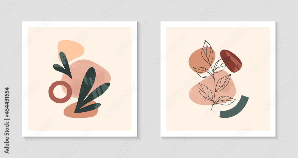 Set of modern abstract vector illustrations with organic various shapes and foliage line art.Boho watercolor wall art decor.Trendy artistic designs perfect for banners;social media,invitations,covers.