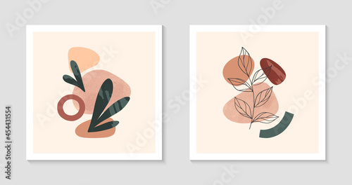 Set of modern abstract vector illustrations with organic various shapes and foliage line art.Boho watercolor wall art decor.Trendy artistic designs perfect for banners social media,invitations,covers. © Xenia Artwork 