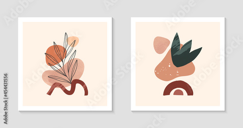 Set of modern abstract vector illustrations with organic various shapes and foliage line art.Boho watercolor wall art decor.Trendy artistic designs perfect for banners social media invitations covers.