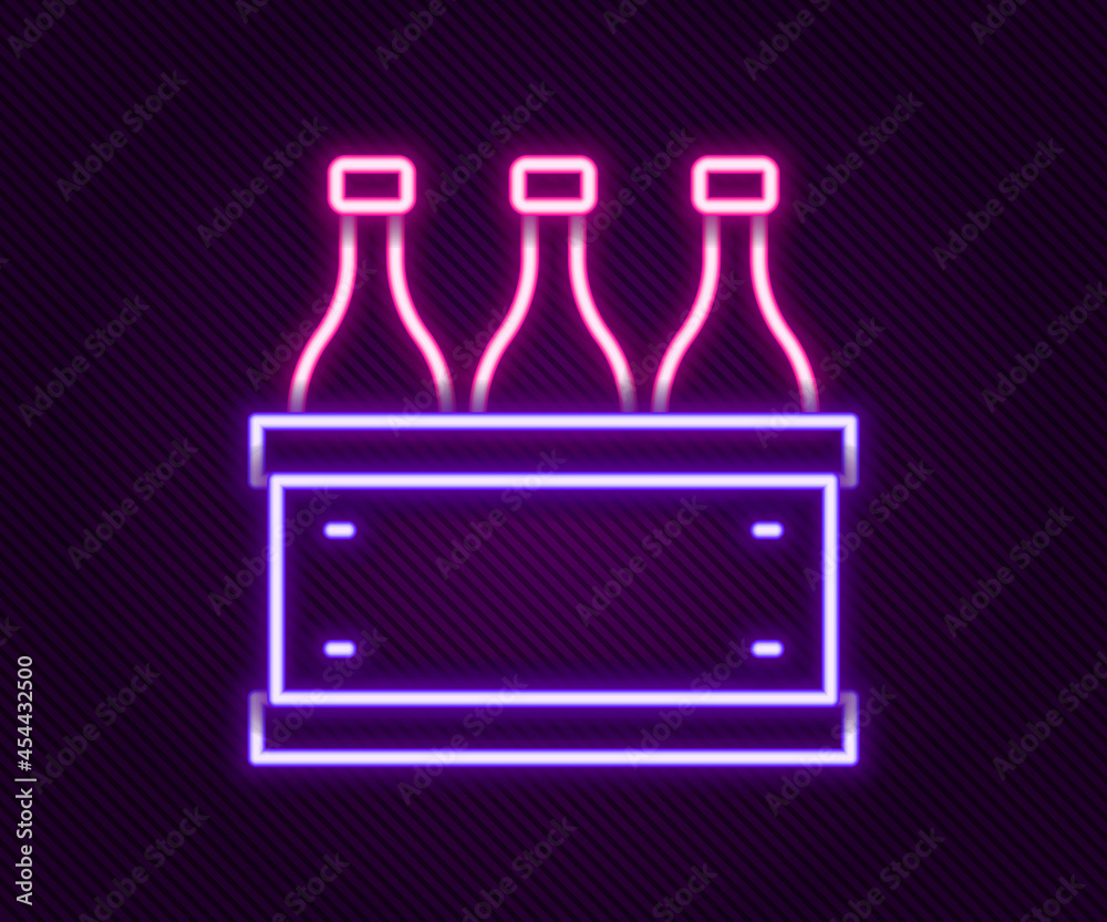 Glowing neon line Bottles of wine in a wooden box icon isolated on black background. Wine bottles in a wooden crate icon. Colorful outline concept. Vector Glowing neon line Bottles of wine in a wooden box icon isolated on black background. Wine bottles in a wooden crate icon. Colorful outline concept. Vector