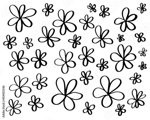 Set of simple hand drawn black ink outline flower doodles isolated on white background. Naive chlldish floral drawing collection