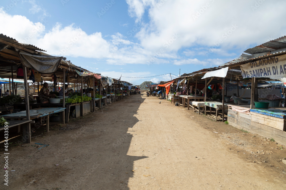 The main area of a market in Sorong, with its almost empty stalls already, to the west of the city, West Papua, Indonesia