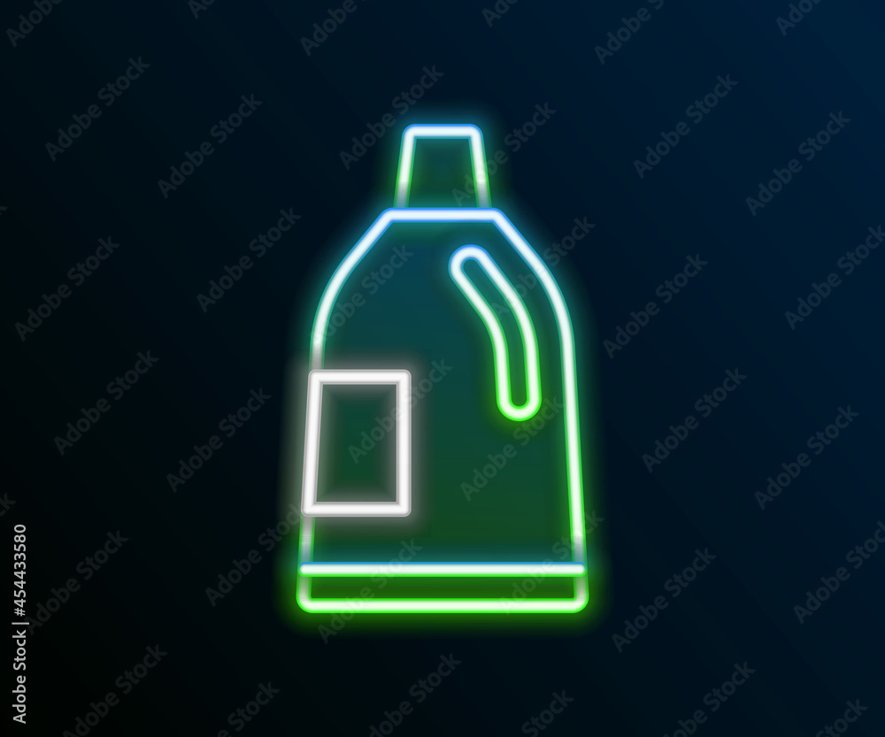 Glowing neon line Plastic bottle for laundry detergent, bleach, dishwashing liquid or another cleaning agent icon isolated on black background. Colorful outline concept. Vector Glowing neon line Plastic bottle for laundry detergent, bleach, dishwashing liquid or another cleaning agent icon isolated on black background. Colorful outline concept. Vector