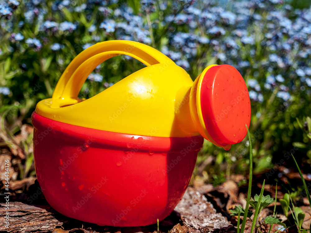 Yellow Red Bright Plastic Children's Watering Can for Watering Plants and Flowers, Garden game for Kids, close-up, sunny day Yellow Red Bright Plastic Children's Watering Can for Watering Plants and Flowers, Garden game for Kids, close-up, sunny day
