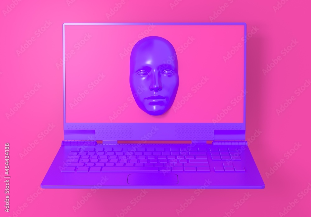 Minimal surreal 3D illustration with a laptop and a face appearing from its screen. Concept of cybersecurity and computer hacker. Minimal surreal 3D illustration with a laptop and a face appearing from its screen. Concept of cybersecurity and computer hacker.