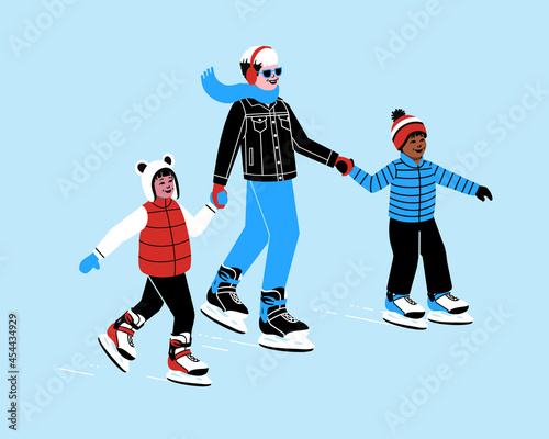 Family ice skating together. Queer family non binary. skating rink doing winter sports. Holiday activity outdoor single parent and children.