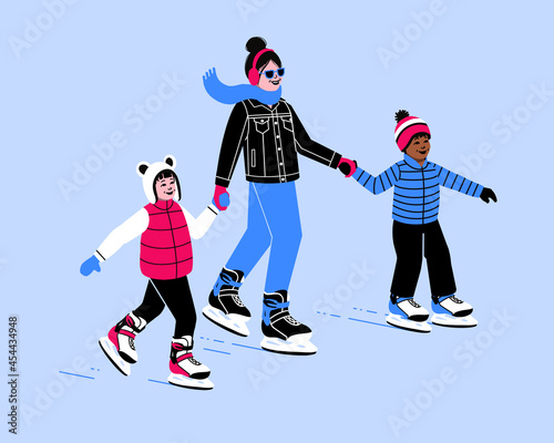 Ice skating family single mom and kids. winter sports family activity holiday season mother and child. boy and girl parent ice skating 