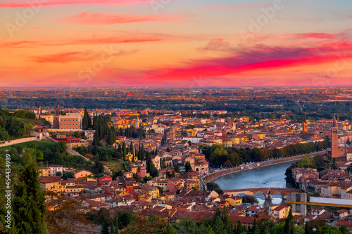 Beautiful sunset aerial view of Verona. Veneto region in italy. Verona sunset cityscape. © Nikolay N. Antonov