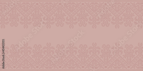 Elegant horizontal vector texture of soft matting in pale pink beige color. Abstract background with folk ornaments. Textured background with embroidery. Luxury template for your design.