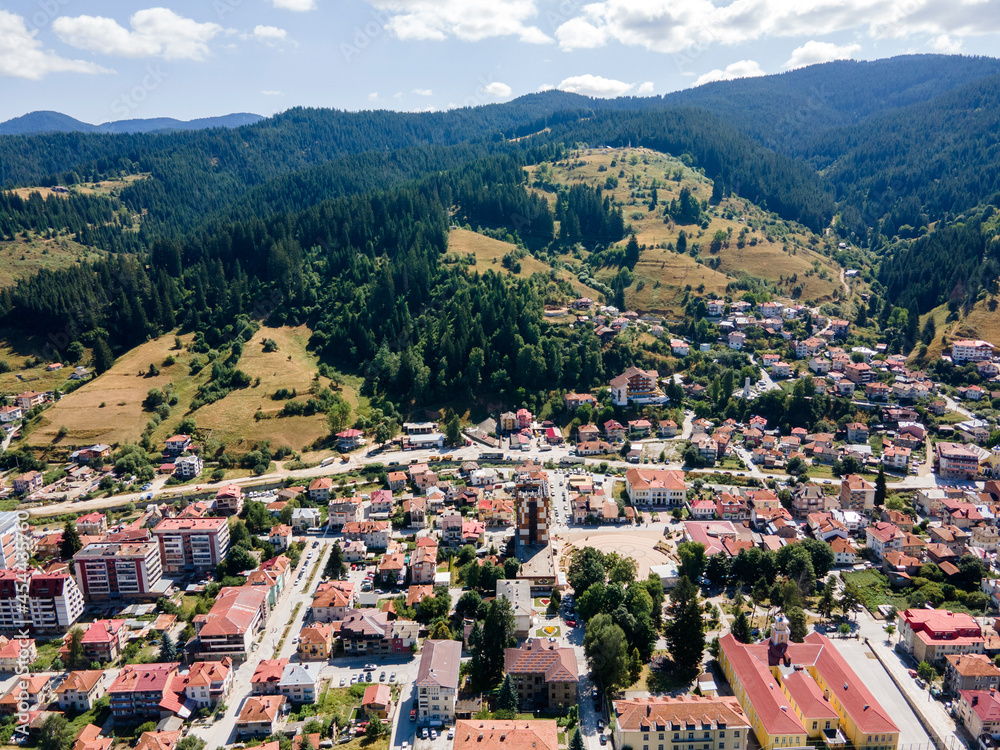 Aerial view of the famous Bulgarian ski resort Chepelare, Bulgaria