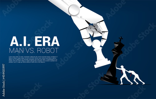 Close up of robot hand try to checkmate chess game of human. Concept of A.i. Disruption and man v.s. machine learning