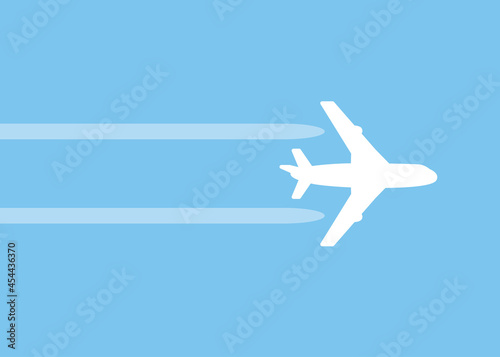 White jet airplane flying in blue sky with trace or contrail simple flat icon vector