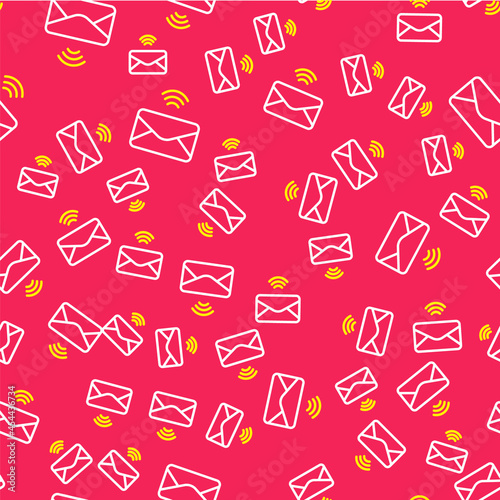 Line Mail and e-mail icon isolated seamless pattern on red background. Envelope symbol e-mail. Email message sign. Vector